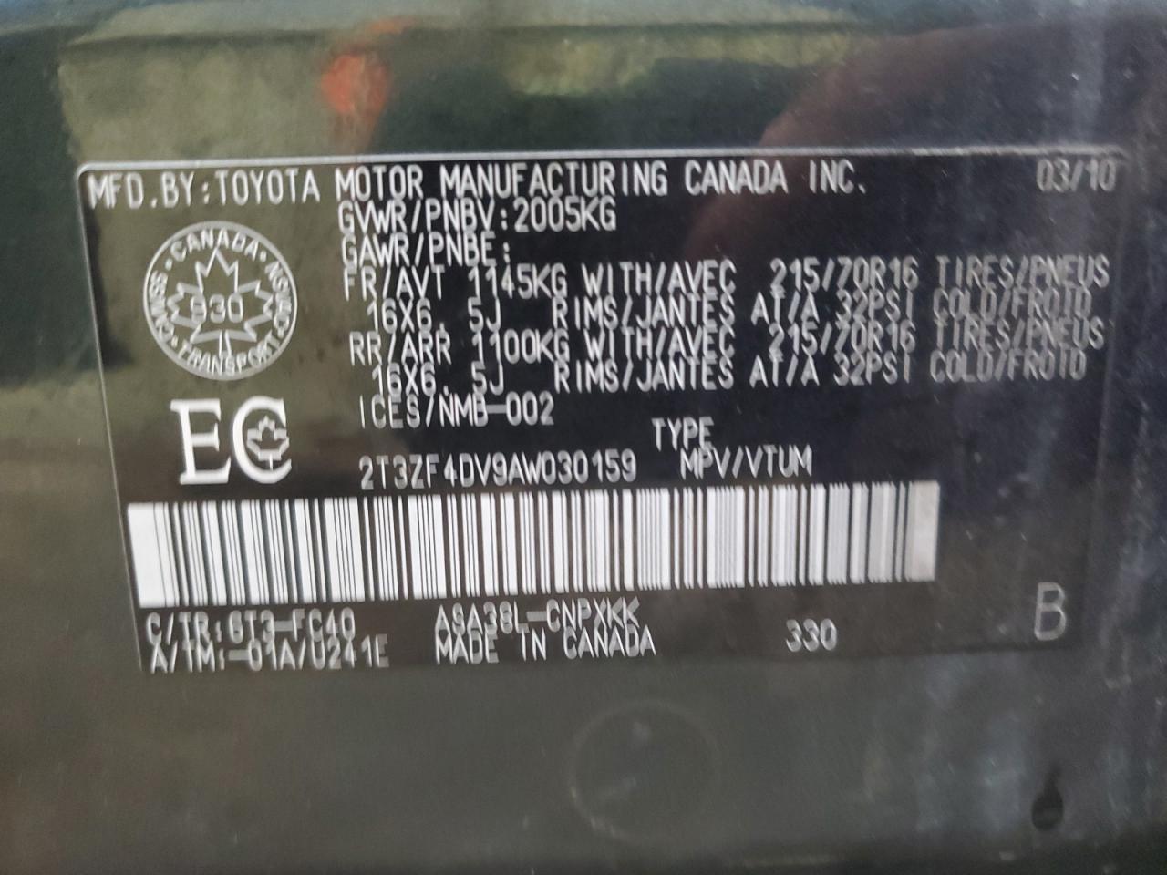 2010 Toyota Rav4 VIN: 2T3ZF4DV9AW030159 Lot: 70990625