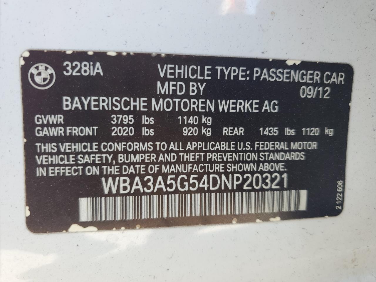 2013 BMW 328 I VIN: WBA3A5G54DNP20321 Lot: 80650805