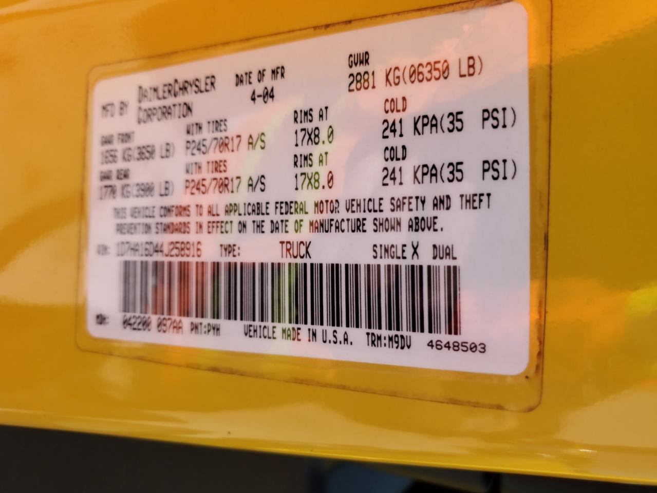 2004 Dodge Ram 1500 St VIN: 1D7HA16D44J258916 Lot: 84629395