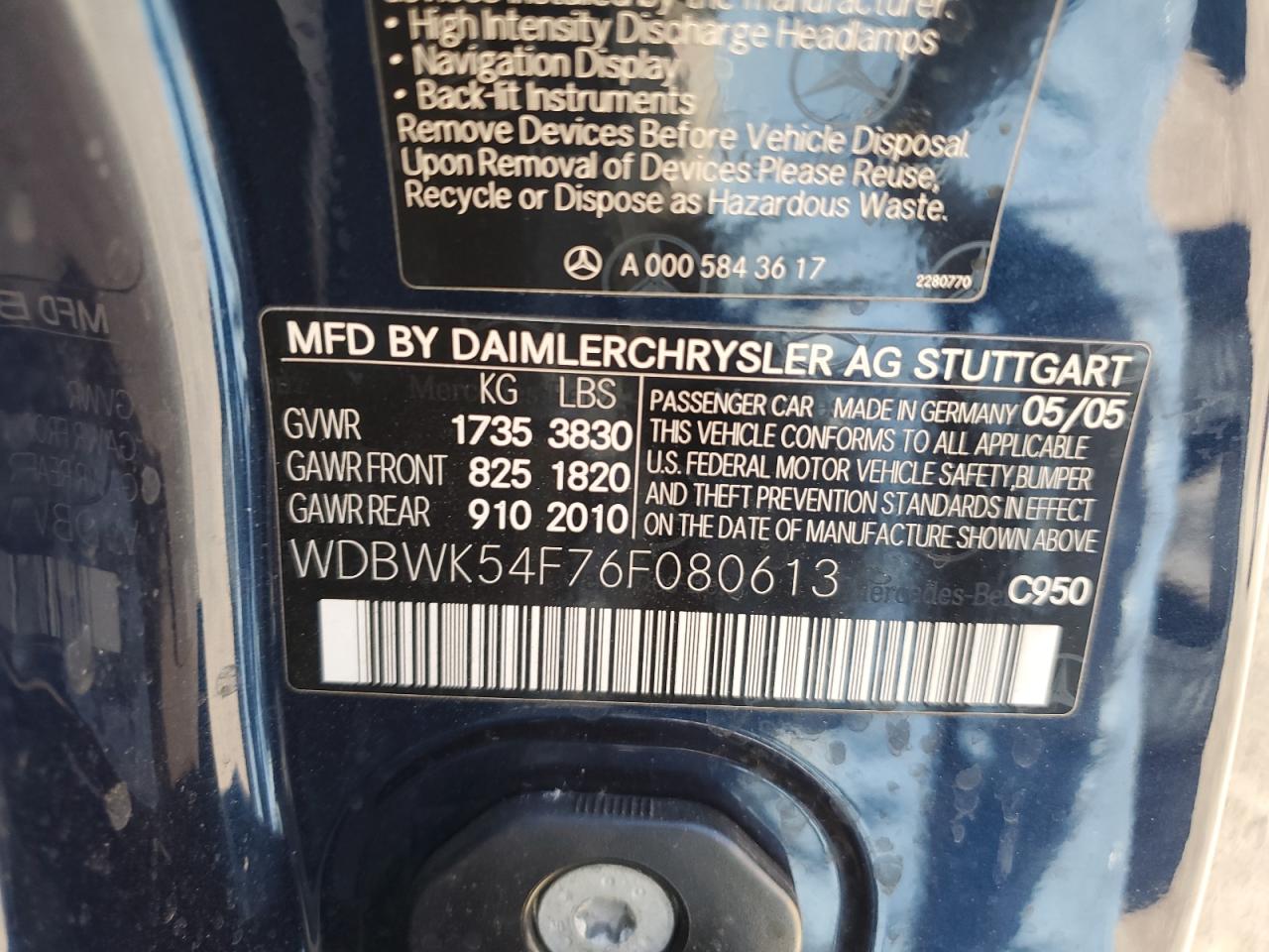 2006 Mercedes-Benz Slk 280 VIN: WDBWK54F76F080613 Lot: 84253785