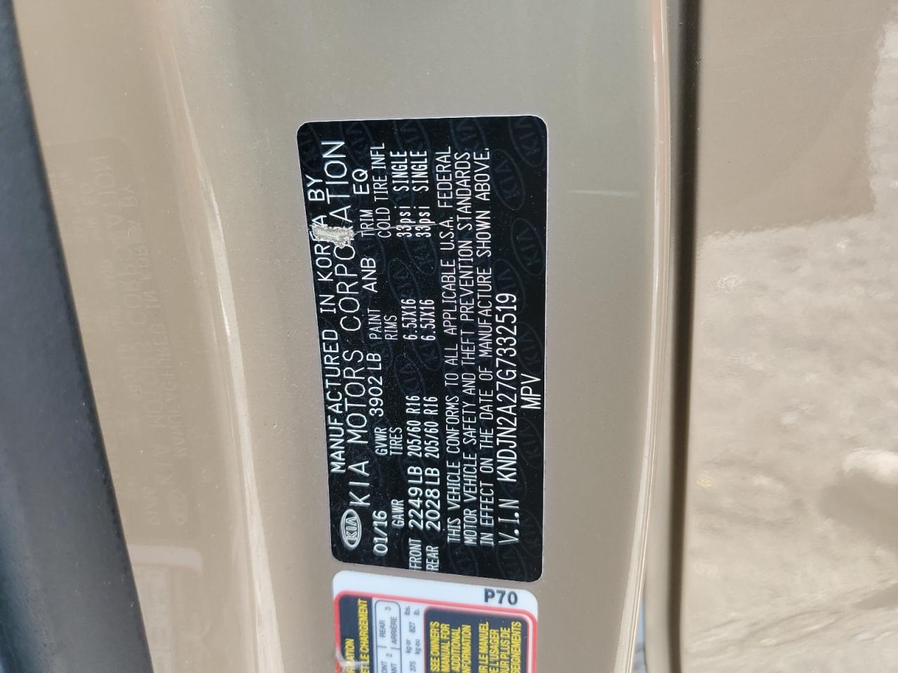 2016 Kia Soul VIN: KNDJN2A27G7332519 Lot: 80818575