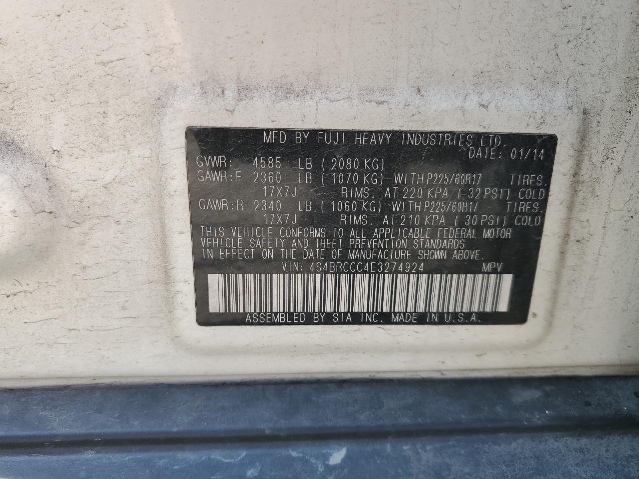 2014 Subaru Outback 2.5I Premium VIN: 4S4BRCCC4E3274924 Lot: 81228965