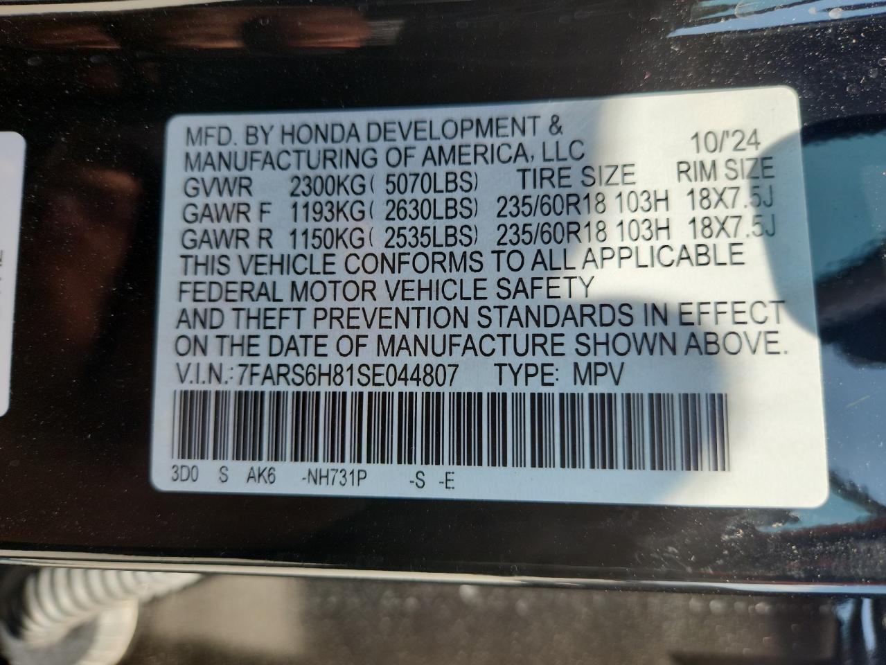 2025 Honda Cr-V Sport-L VIN: 7FARS6H81SE044807 Lot: 71992865