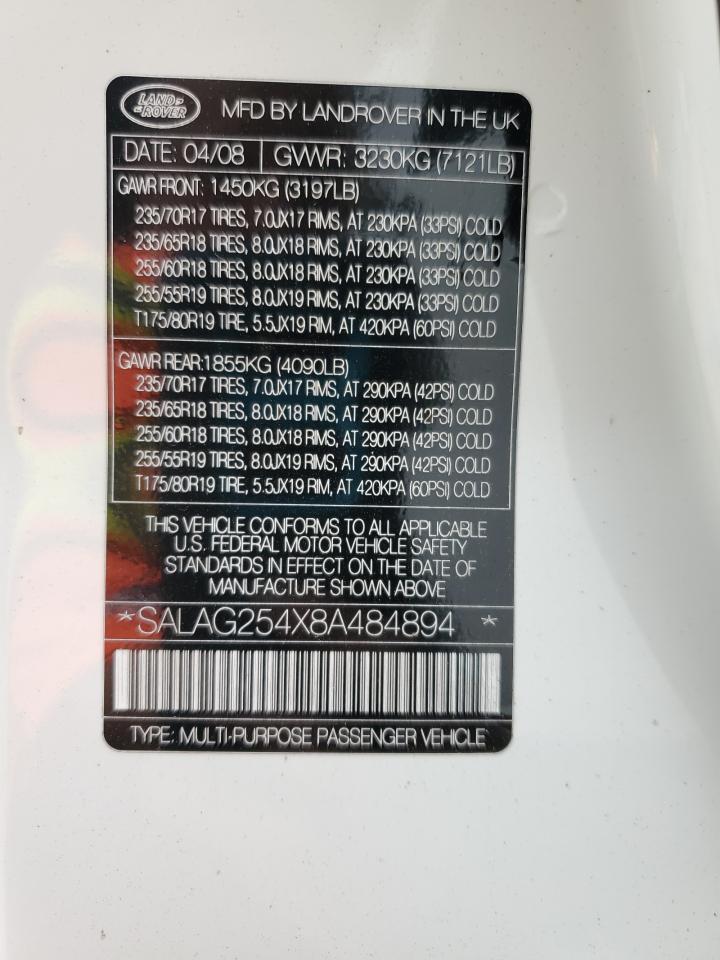 2008 Land Rover Lr3 Hse VIN: SALAG254X8A484894 Lot: 81944495