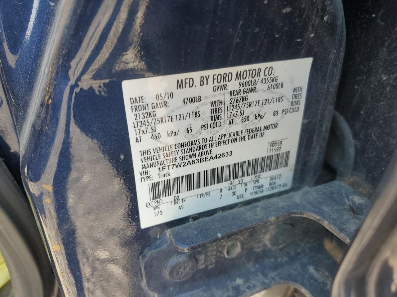 2011 Ford F250 Super Duty VIN: 1FT7W2A63BEA42633 Lot: 80259895