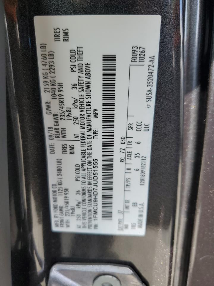 2018 Ford Escape Sel VIN: 1FMCU9HD7JUD51555 Lot: 80516005