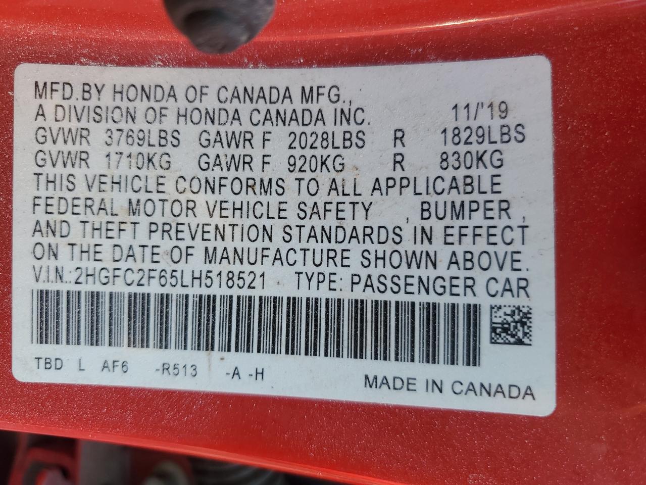 2020 Honda Civic Lx VIN: 2HGFC2F65LH518521 Lot: 80843235