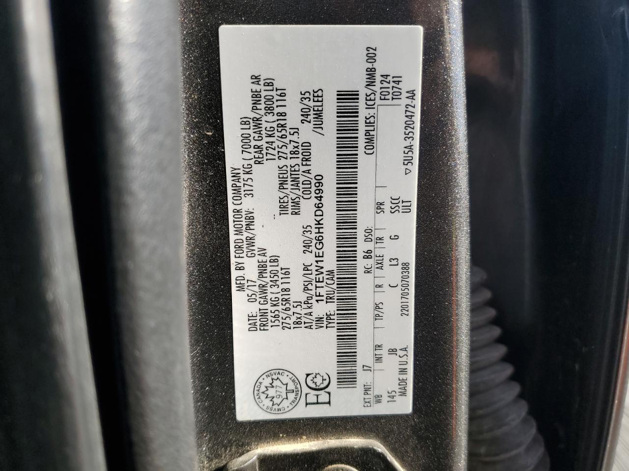 2017 Ford F150 Supercrew VIN: 1FTEW1EG6HKD64990 Lot: 81665325