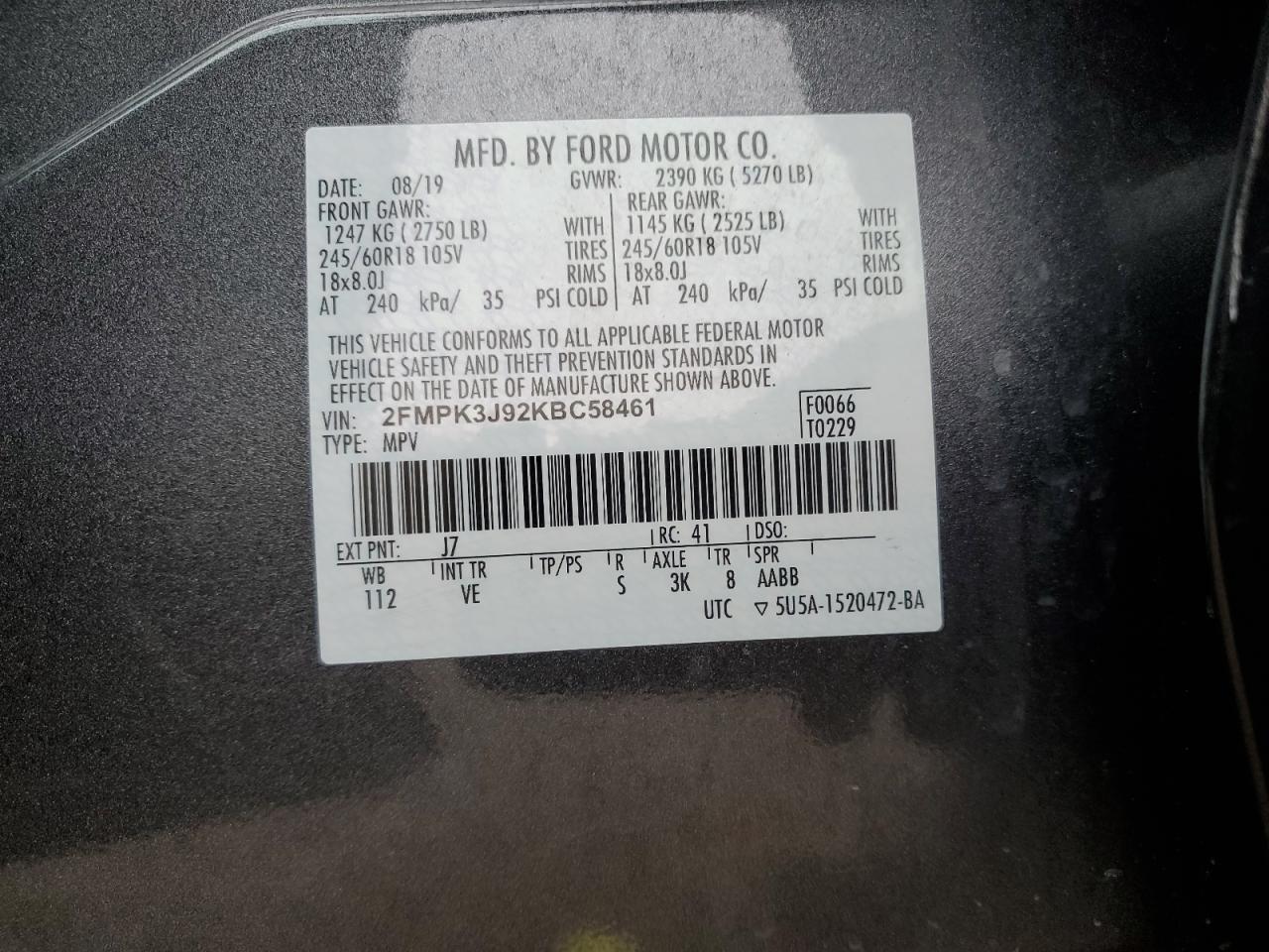 2019 Ford Edge Sel VIN: 2FMPK3J92KBC58461 Lot: 82065575