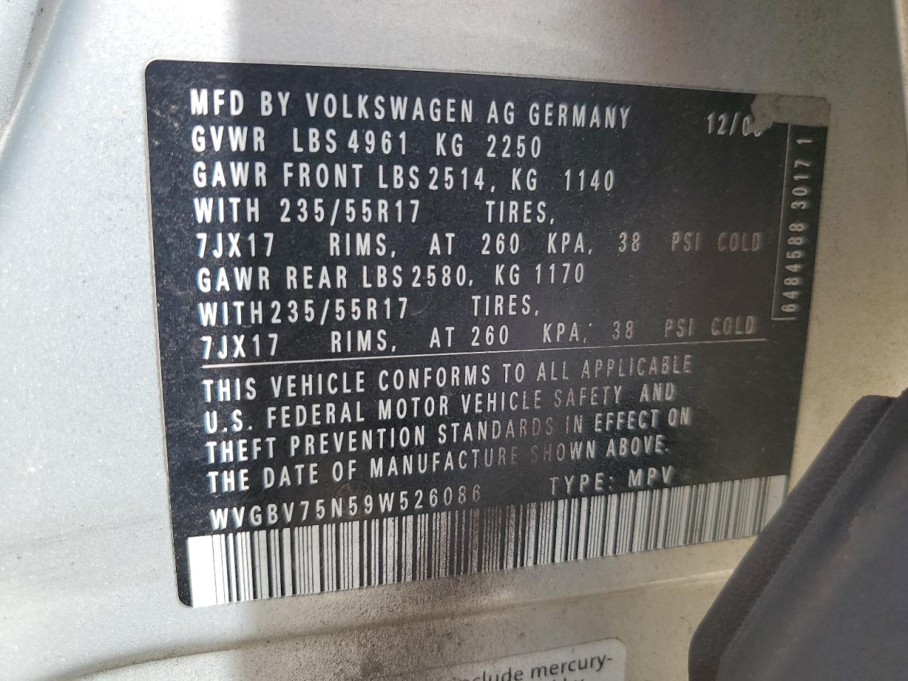 2009 Volkswagen Tiguan Se VIN: WVGBV75N59W526086 Lot: 84641825