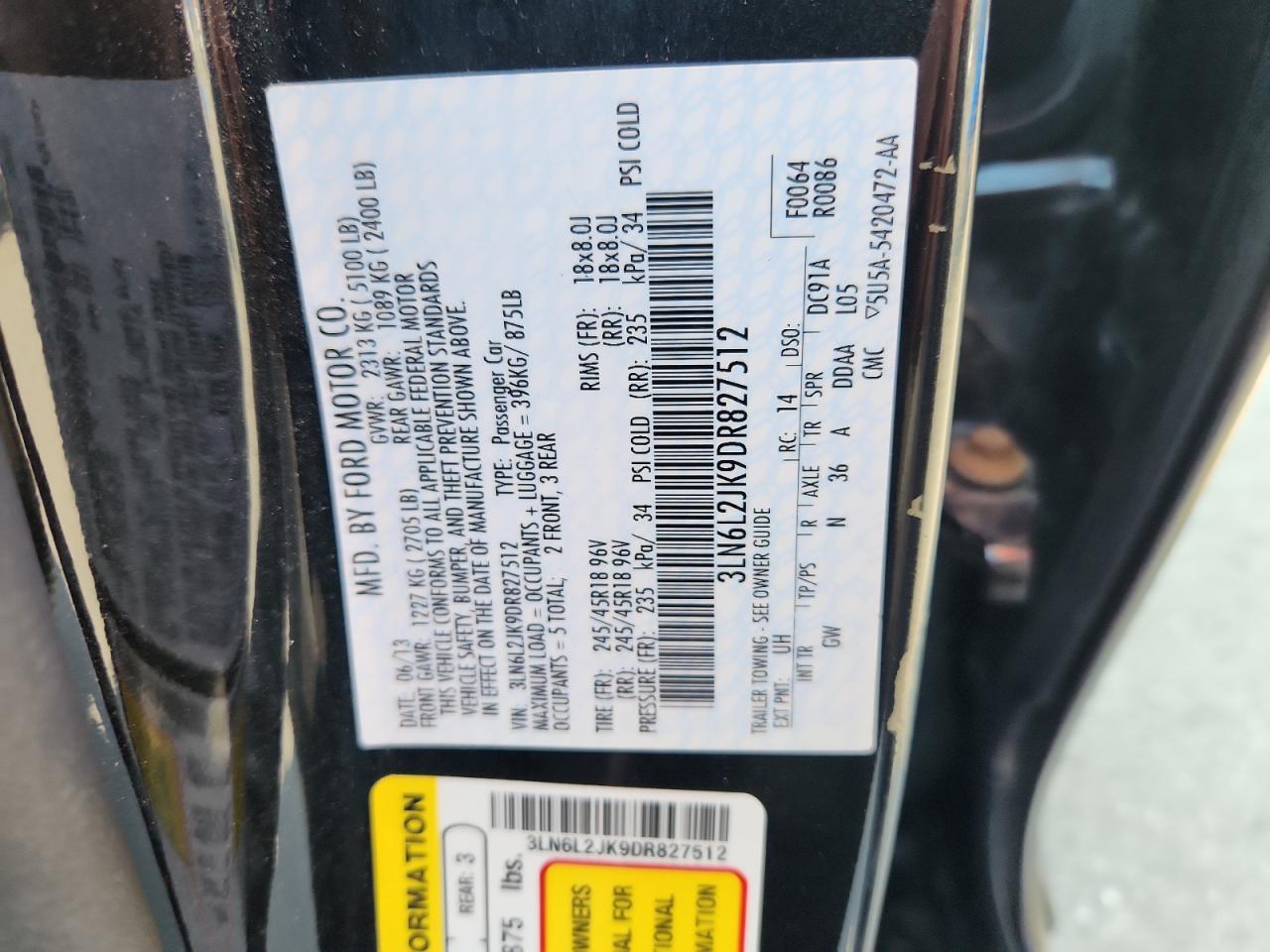 2013 Lincoln Mkz VIN: 3LN6L2JK9DR827512 Lot: 71800425