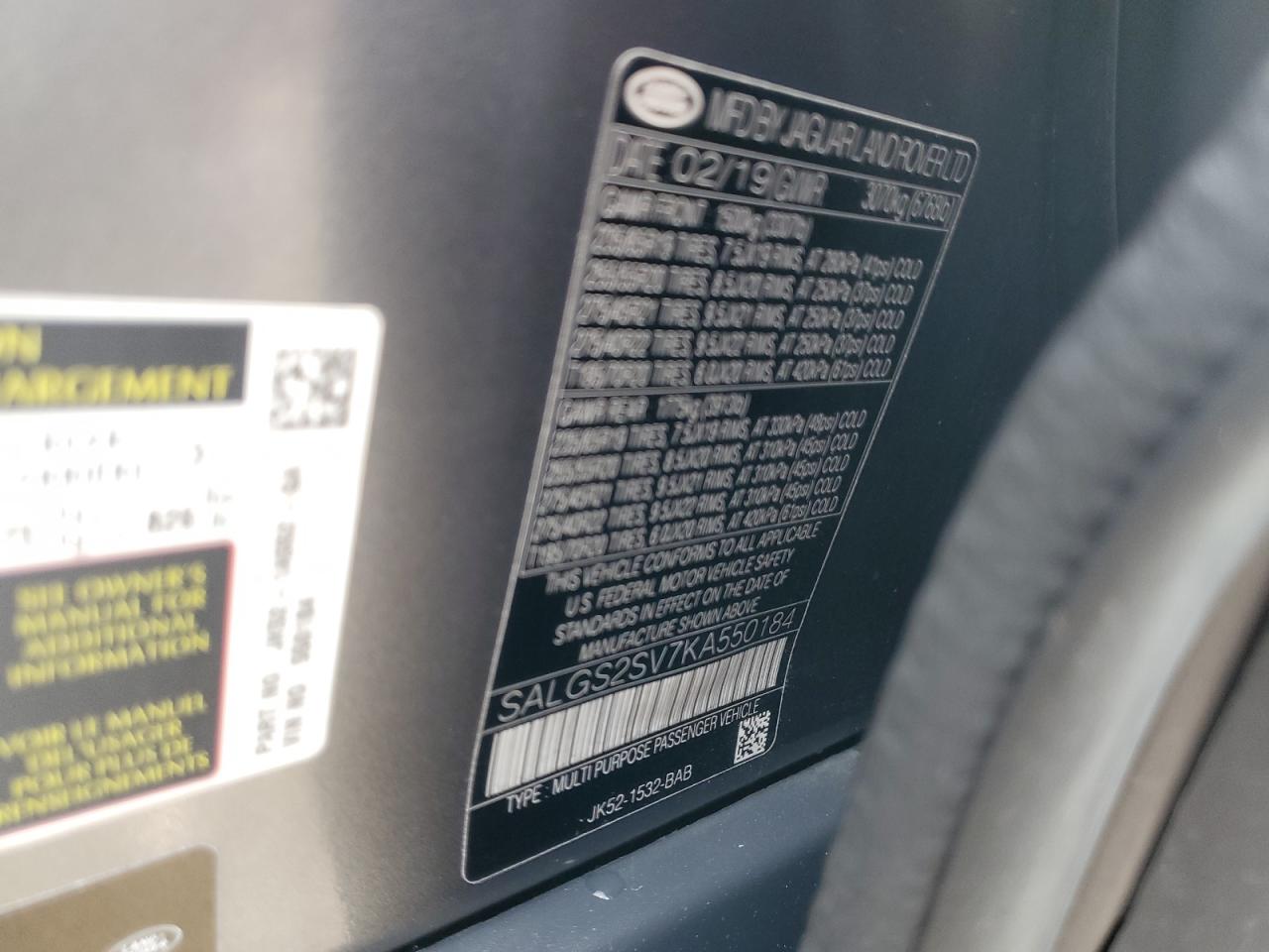 2019 Land Rover Range Rover Hse VIN: SALGS2SV7KA550184 Lot: 71074995