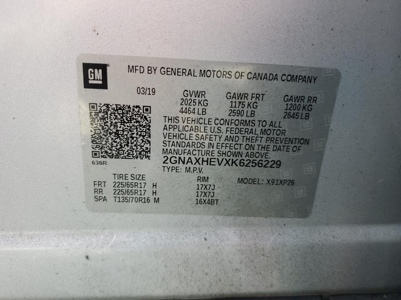 2019 Chevrolet Equinox Ls VIN: 2GNAXHEVXK6256229 Lot: 71488085