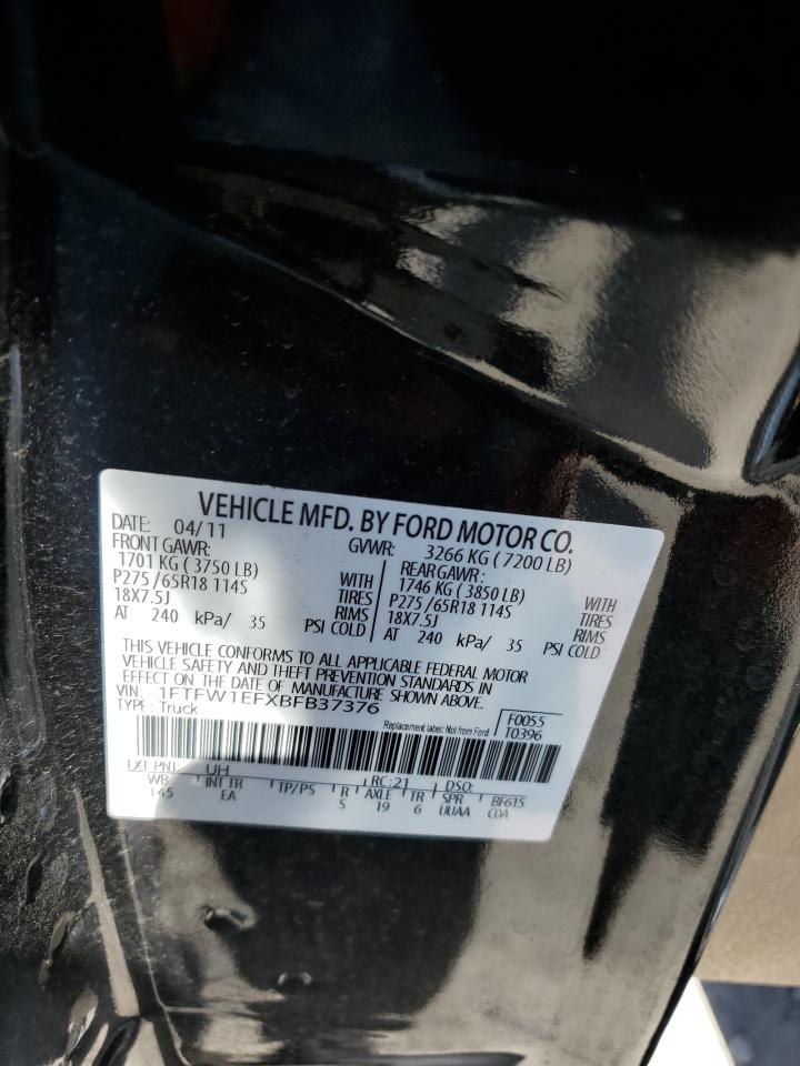 2011 Ford F150 Supercrew VIN: 1FTFW1EFXBFB37376 Lot: 72062585