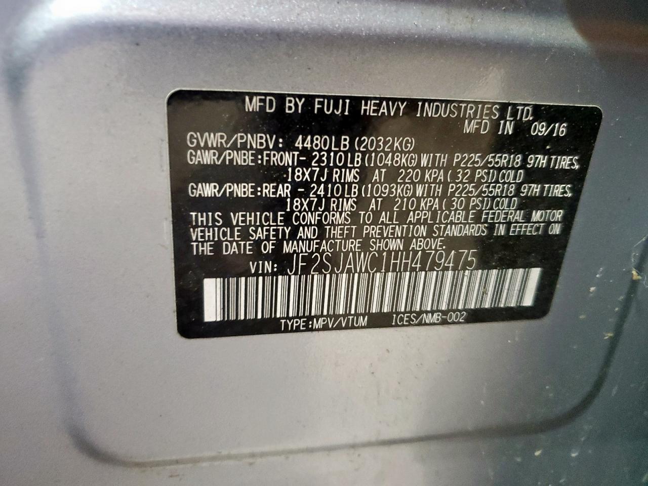 2017 Subaru Forester 2.5I Touring VIN: JF2SJAWC1HH479475 Lot: 71834255