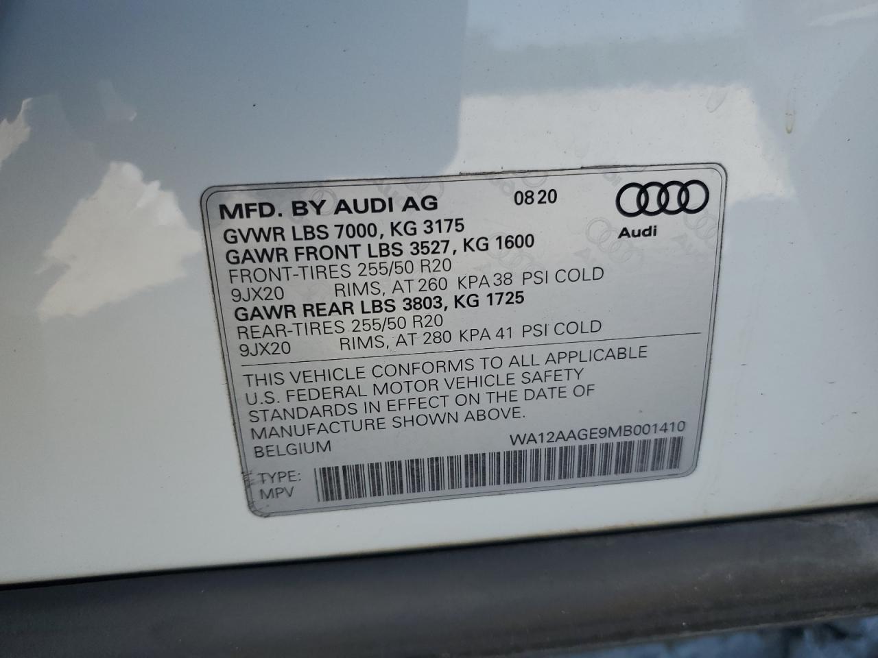 2021 Audi E-Tron Sportback Premium Plus VIN: WA12AAGE9MB001410 Lot: 70718345