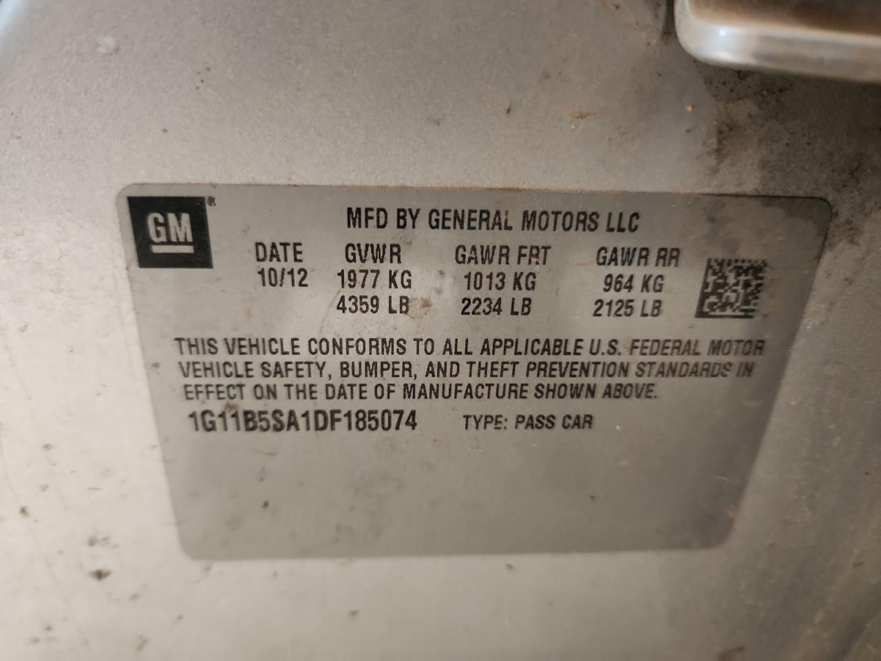 2013 Chevrolet Malibu Ls VIN: 1G11B5SA1DF185074 Lot: 71104715