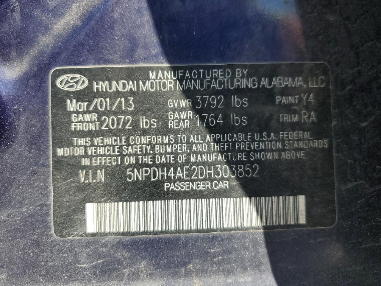 2013 Hyundai Elantra Gls VIN: 5NPDH4AE2DH303852 Lot: 70984155