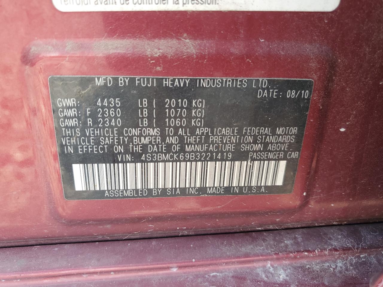 2011 Subaru Legacy 2.5I Limited VIN: 4S3BMCK69B3221419 Lot: 71059005