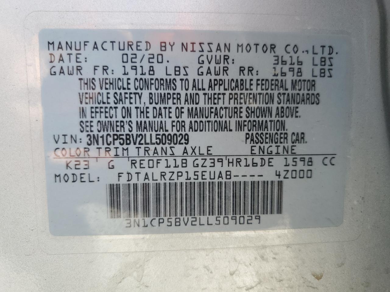 2020 Nissan Kicks S VIN: 3N1CP5BV2LL509029 Lot: 81109955