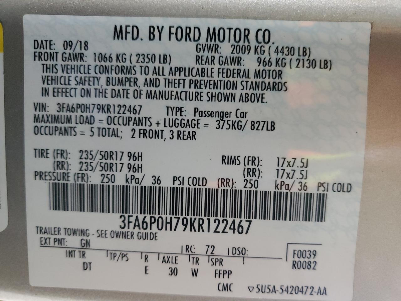 2019 Ford Fusion Se VIN: 3FA6P0H79KR122467 Lot: 71923985