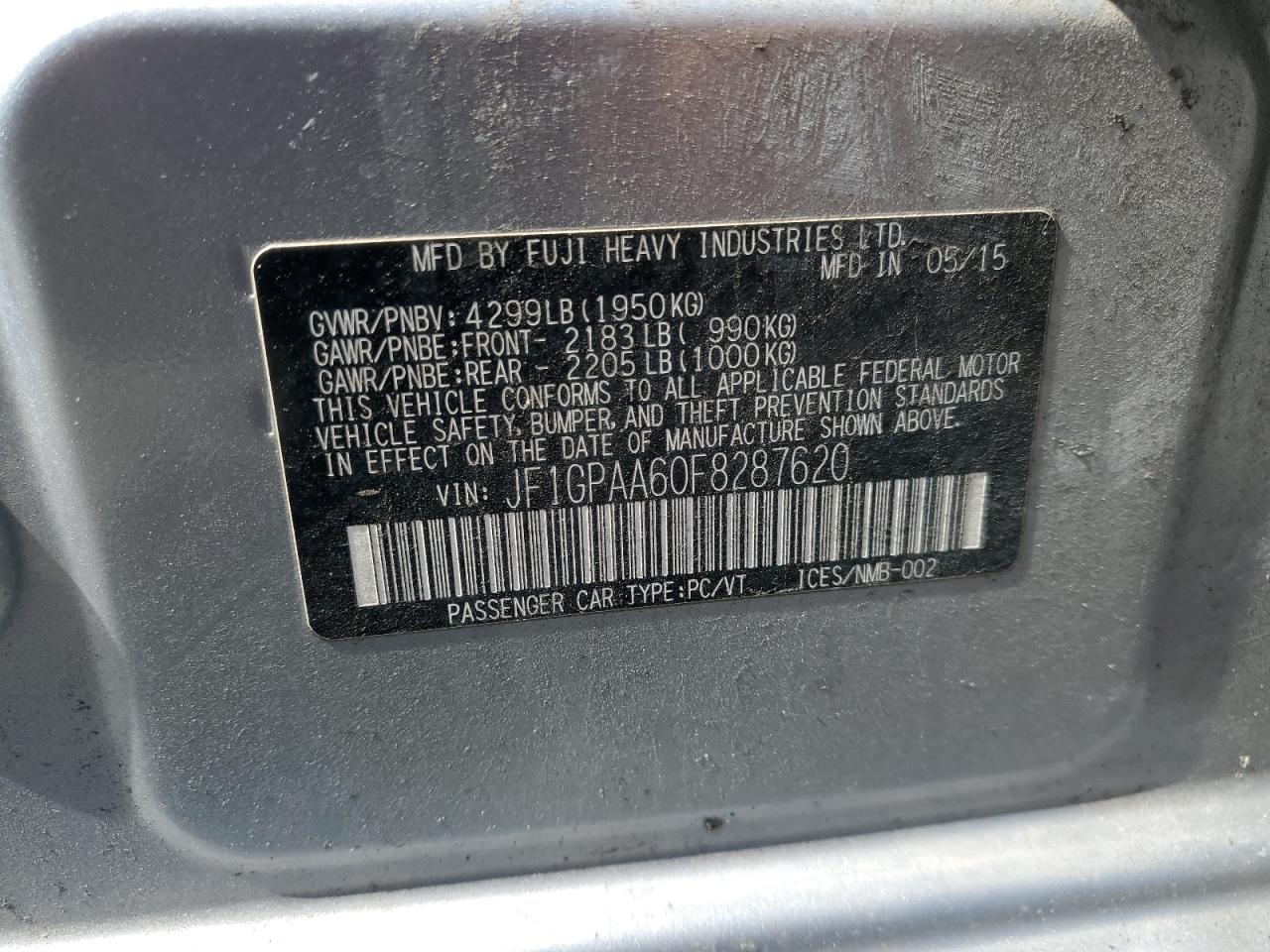 2015 Subaru Impreza VIN: JF1GPAA60F8287620 Lot: 80641385