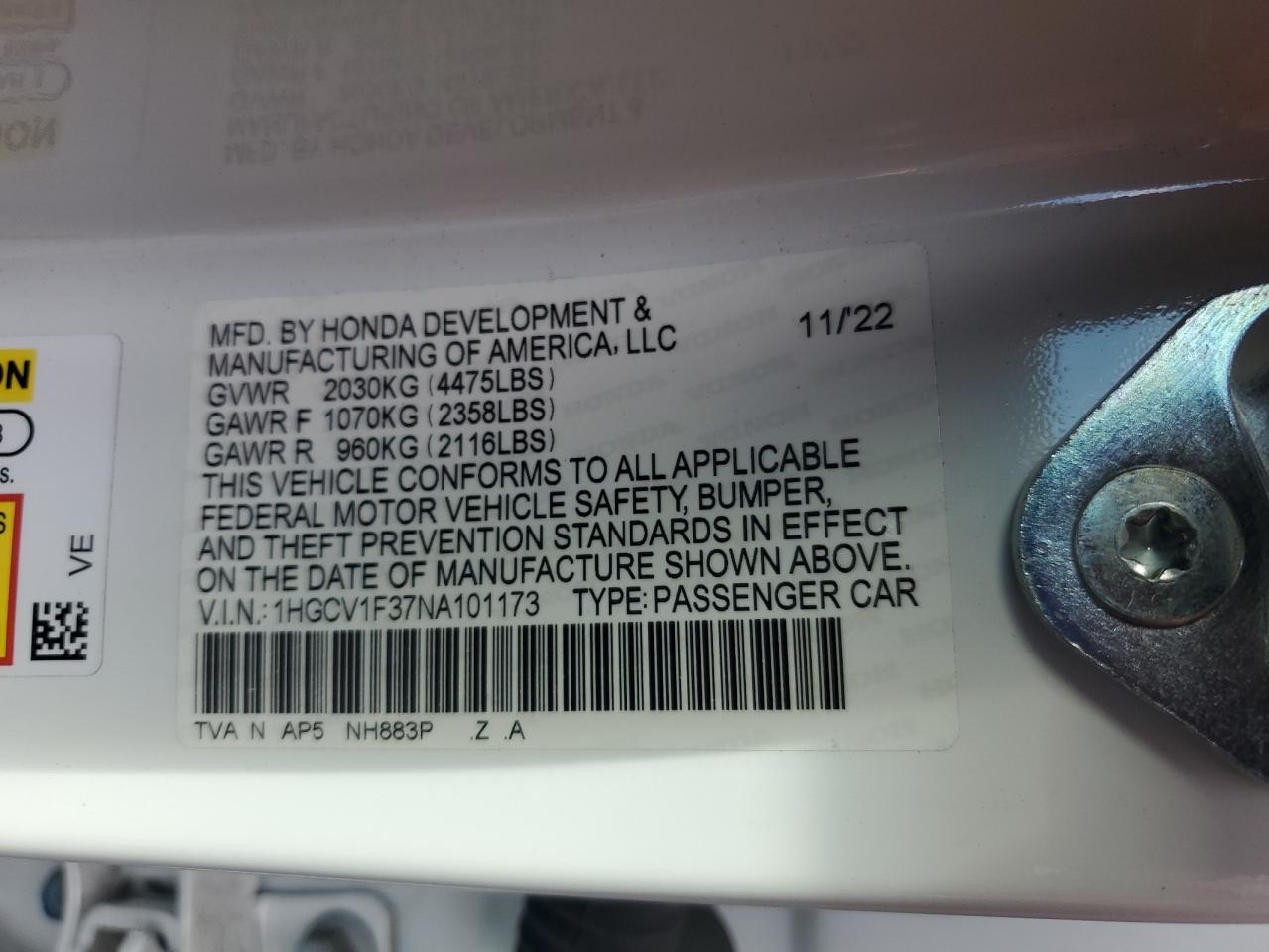 2022 Honda Accord Sport VIN: 1HGCV1F37NA101173 Lot: 81698535