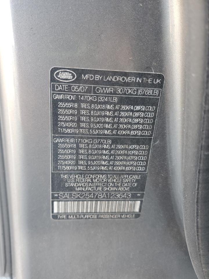 2008 Land Rover Range Rover Sport Hse VIN: SALSK25478A123643 Lot: 81577235