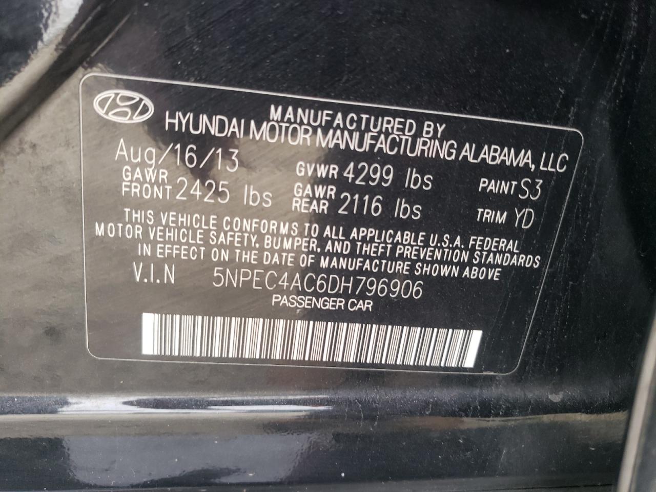 2013 Hyundai Sonata Se VIN: 5NPEC4AC6DH796906 Lot: 80574415