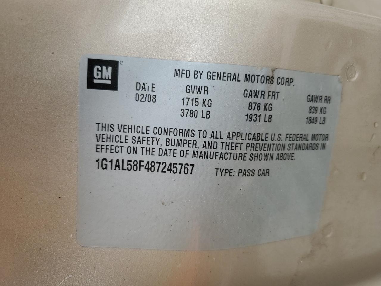2008 Chevrolet Cobalt Lt VIN: 1G1AL58F487245767 Lot: 81061495