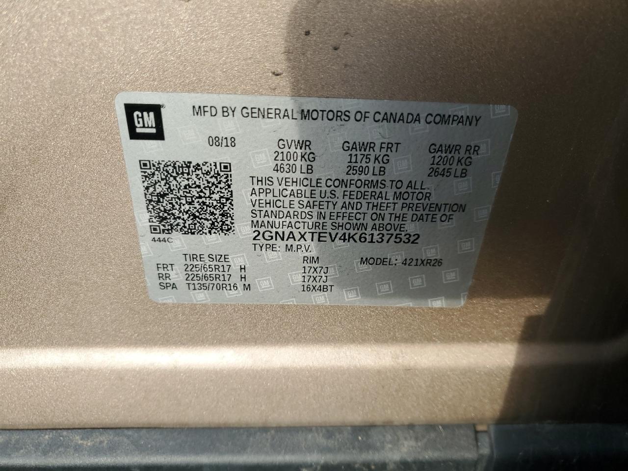 2019 Chevrolet Equinox Lt VIN: 2GNAXTEV4K6137532 Lot: 83929305