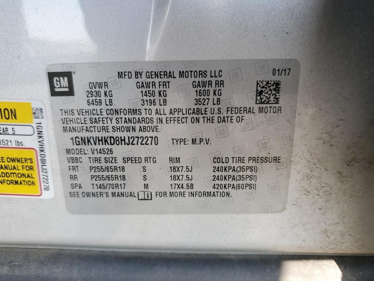 2017 Chevrolet Traverse Lt VIN: 1GNKVHKD8HJ272270 Lot: 81108445