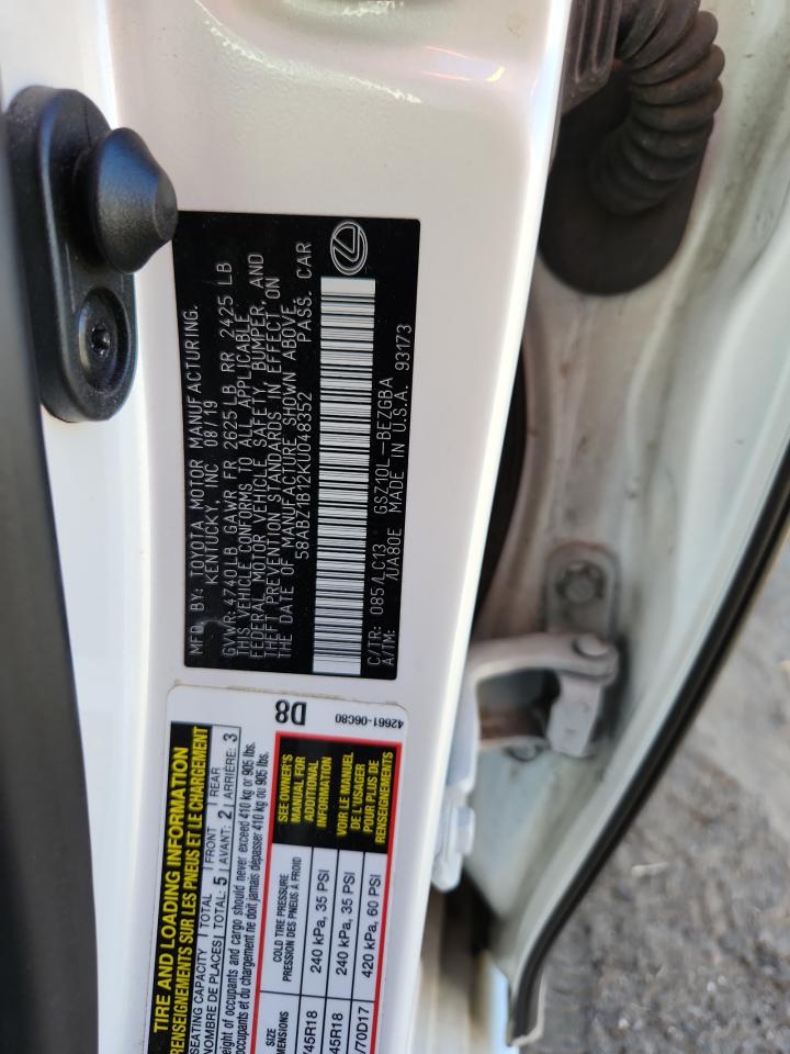 2019 Lexus Es 350 VIN: 58ABZ1B12KU048352 Lot: 83825985