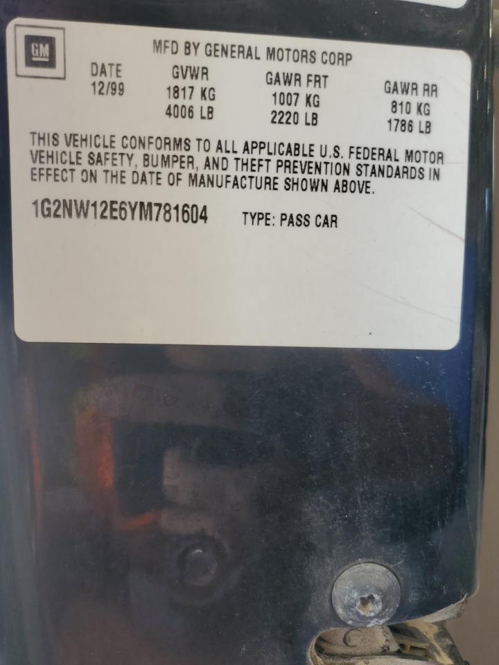 2000 Pontiac Grand Am Gt VIN: 1G2NW12E6YM781604 Lot: 82072995