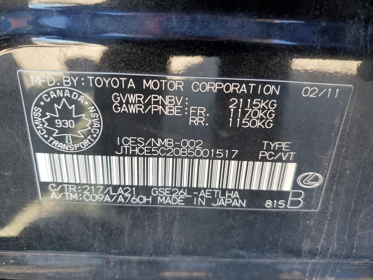 2011 Lexus Is 350 VIN: JTHCE5C20B5001517 Lot: 80406295