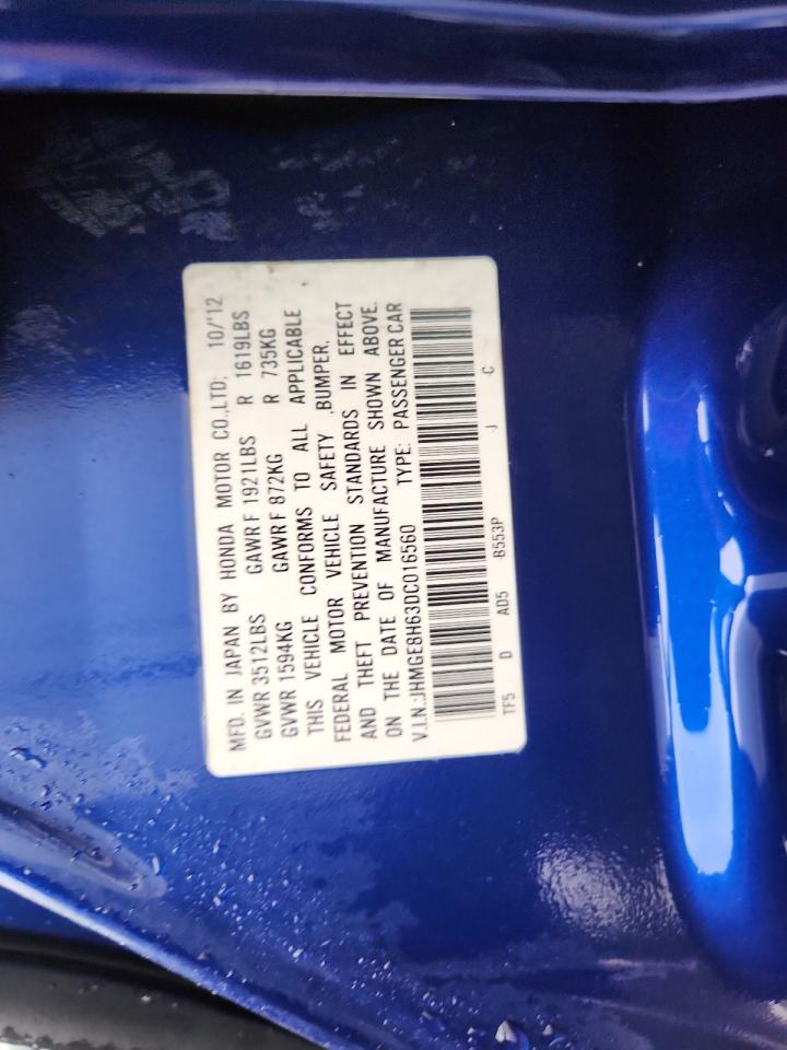 2013 Honda Fit Sport VIN: JHMGE8H63DC016560 Lot: 83817845