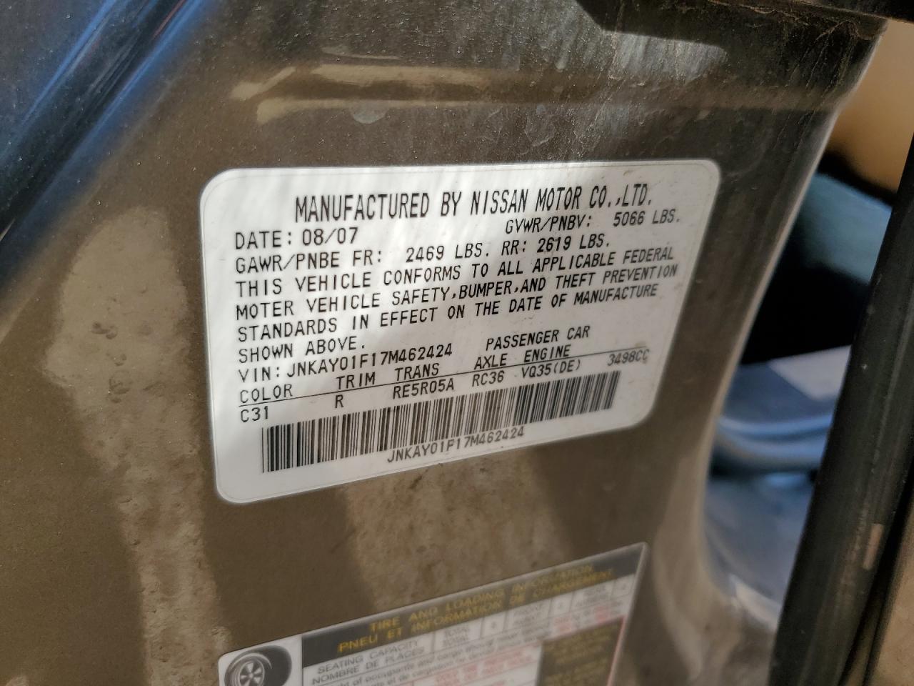 2007 Infiniti M35 Base VIN: JNKAY01F17M462424 Lot: 81464915