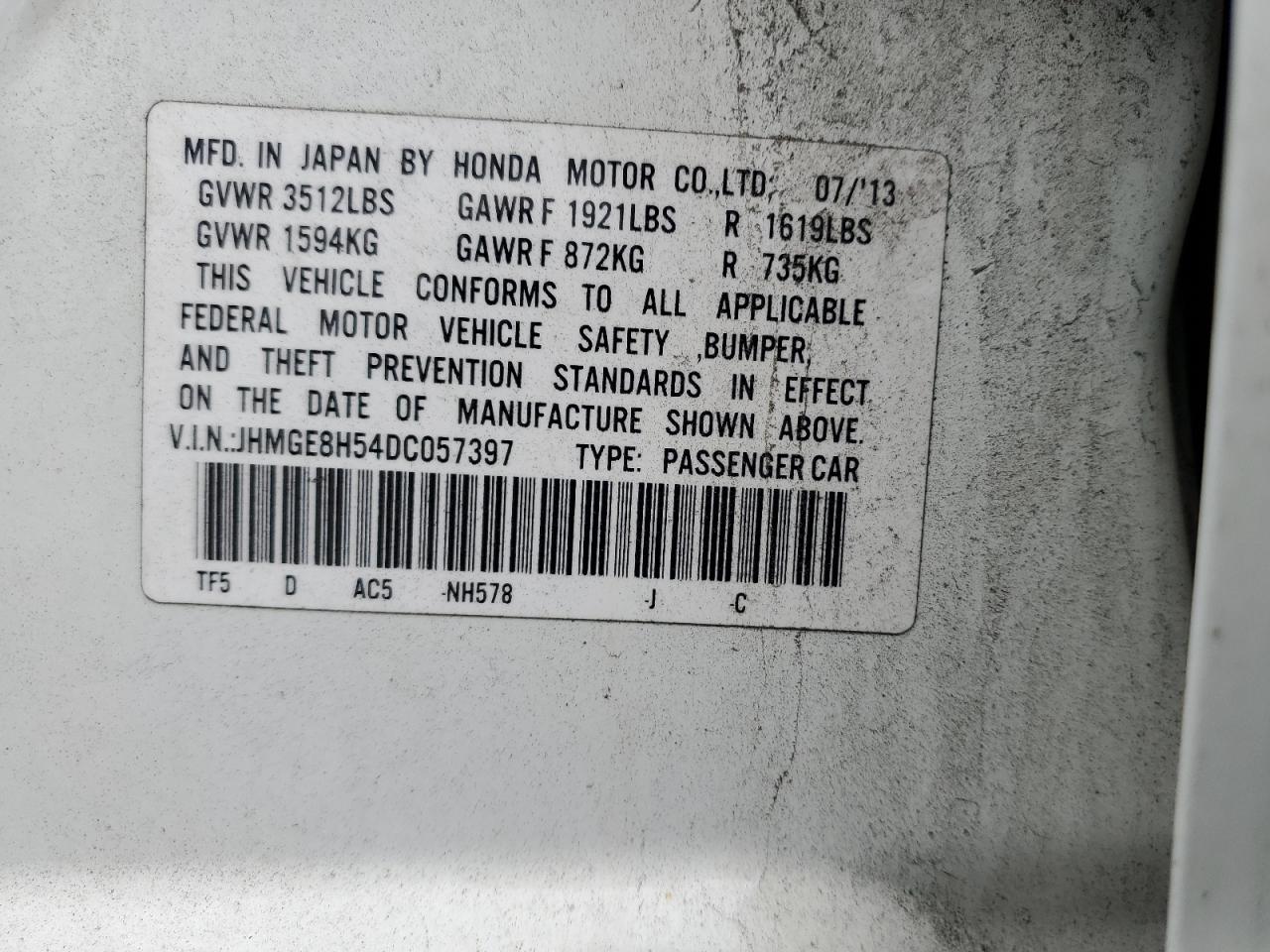 2013 Honda Fit Sport VIN: JHMGE8H54DC057397 Lot: 81733705