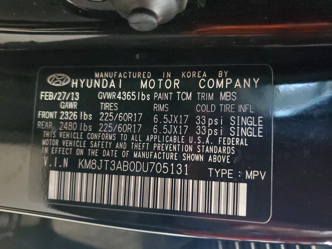 2013 Hyundai Tucson Gl VIN: KM8JT3AB0DU705131 Lot: 81367635