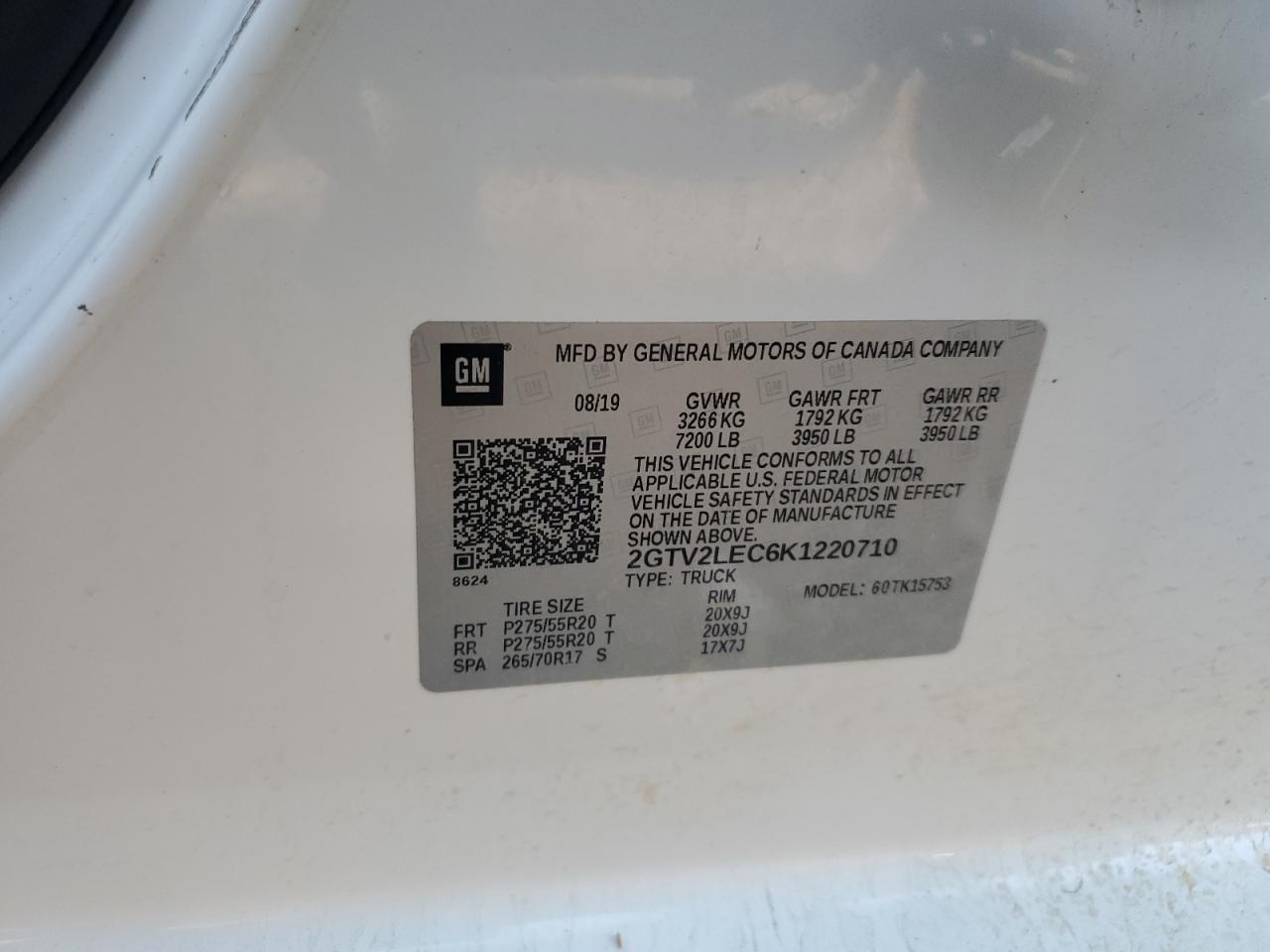 2019 GMC Sierra Limited K1500 VIN: 2GTV2LEC6K1220710 Lot: 81806815