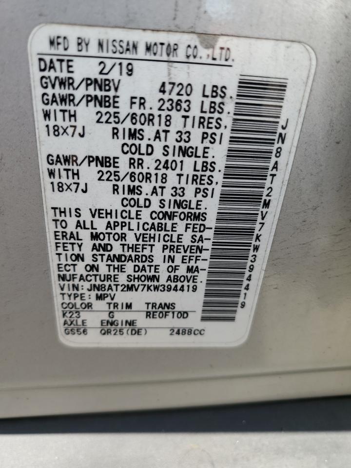 2019 Nissan Rogue S VIN: JN8AT2MV7KW394419 Lot: 84238805