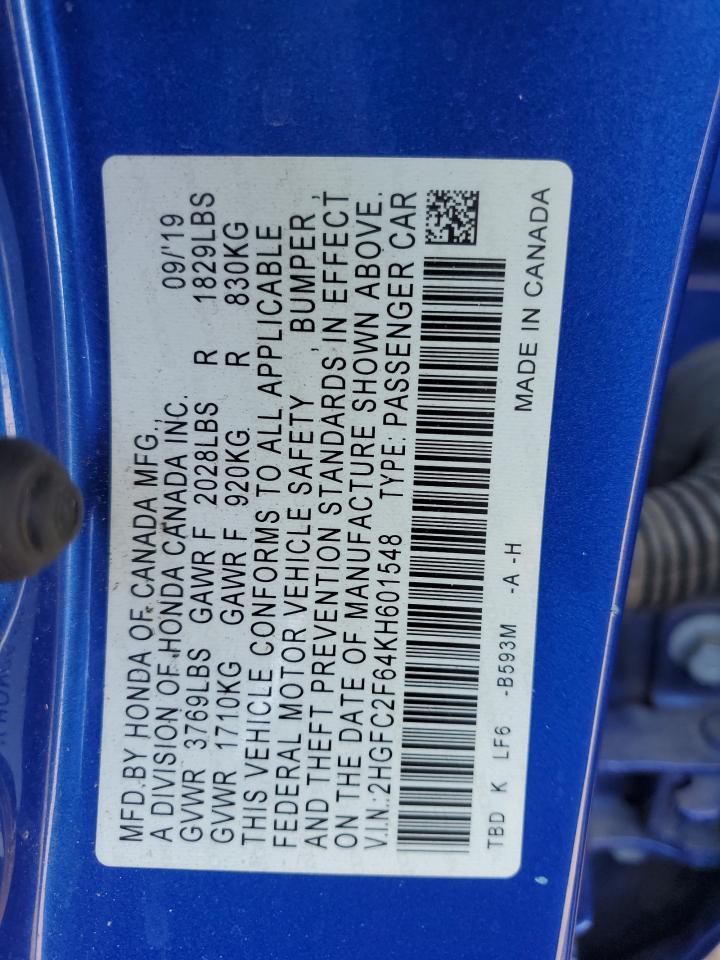 2019 Honda Civic Lx VIN: 2HGFC2F64KH601548 Lot: 81857705