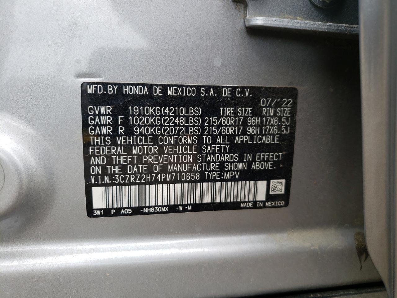 2023 Honda Hr-V Exl VIN: 3CZRZ2H74PM710658 Lot: 81952635