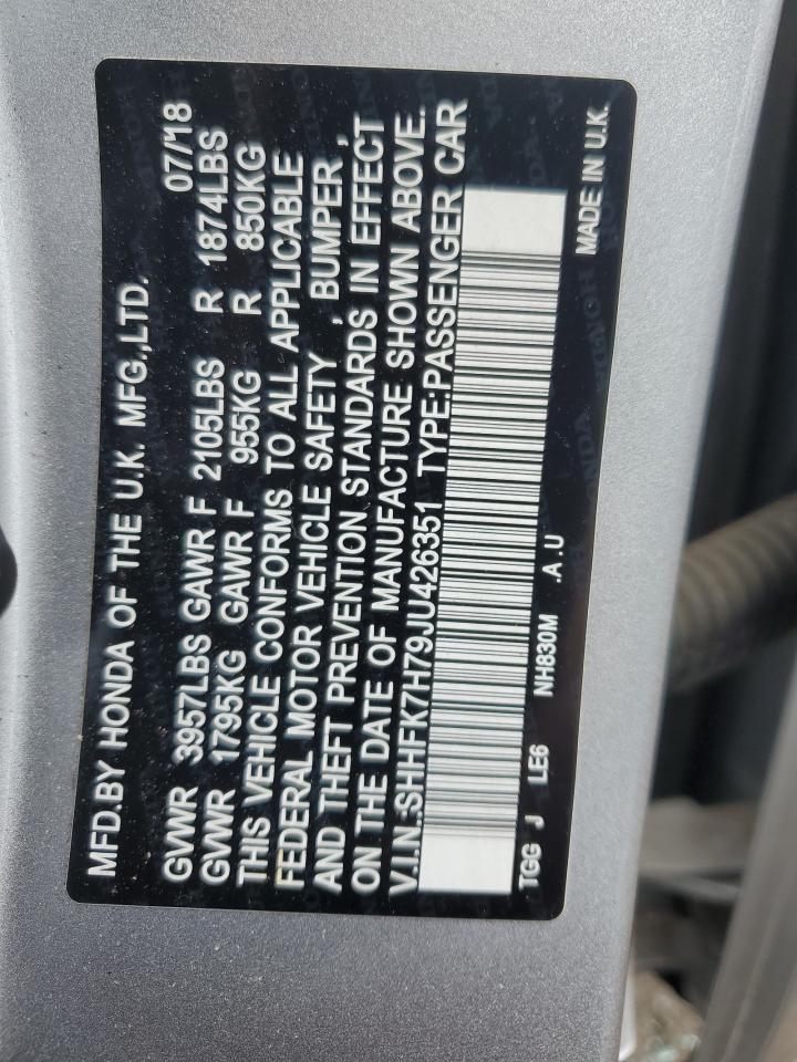 2018 Honda Civic Exl VIN: SHHFK7H79JU426351 Lot: 83766985