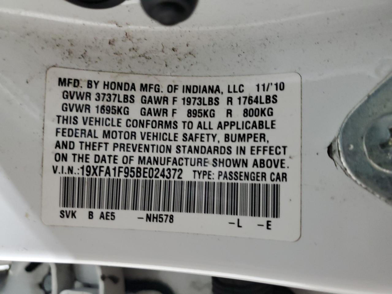 2011 Honda Civic Exl VIN: 19XFA1F95BE024372 Lot: 83987745