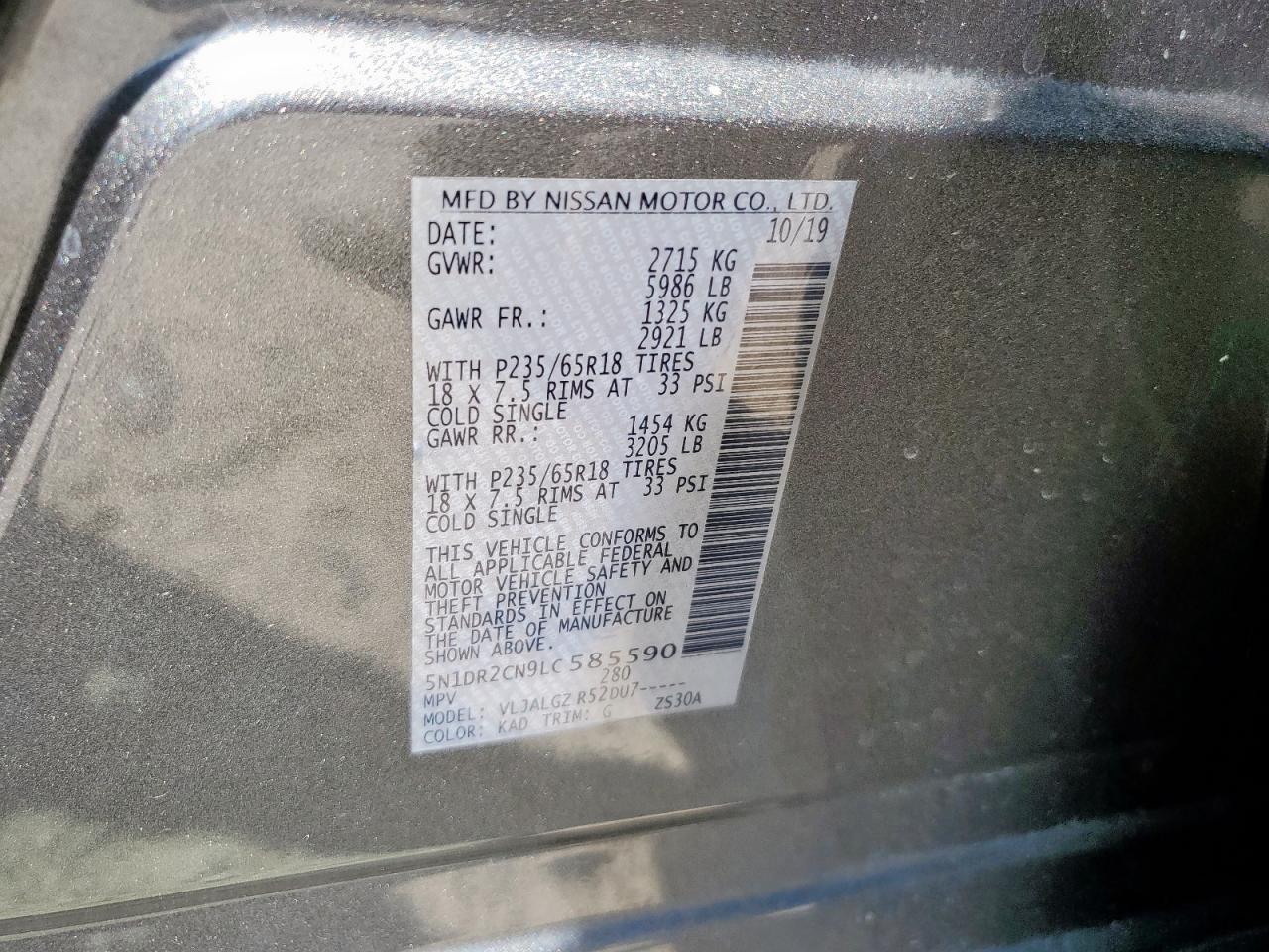 2020 Nissan Pathfinder Sl VIN: 5N1DR2CN9LC585590 Lot: 80035885