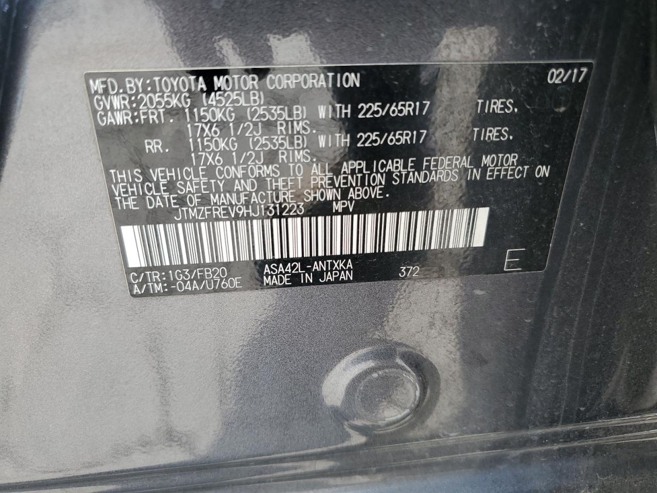 2017 Toyota Rav4 Le VIN: JTMZFREV9HJ131223 Lot: 80171805