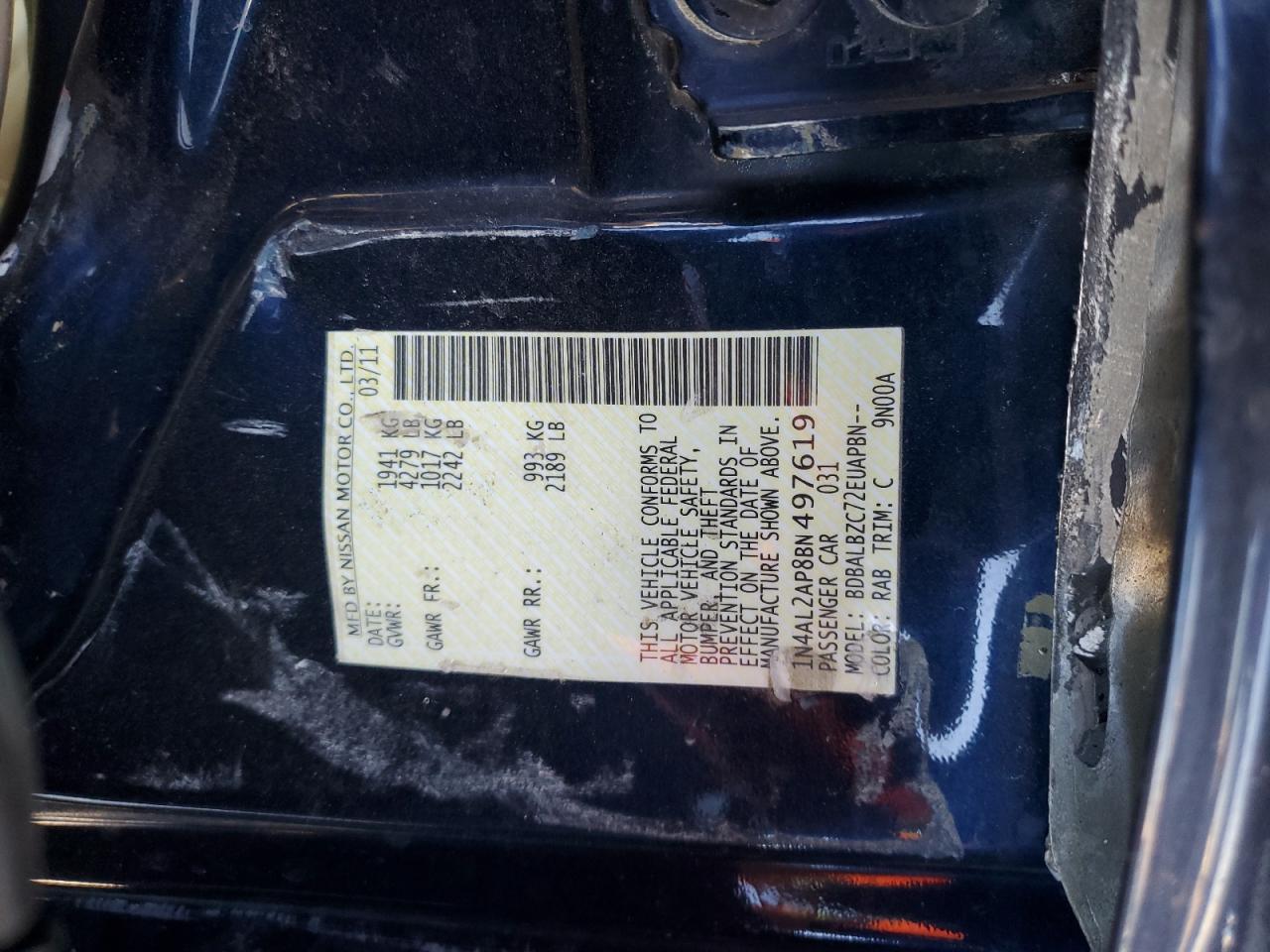 2011 Nissan Altima Base VIN: 1N4AL2AP8BN497619 Lot: 71608215