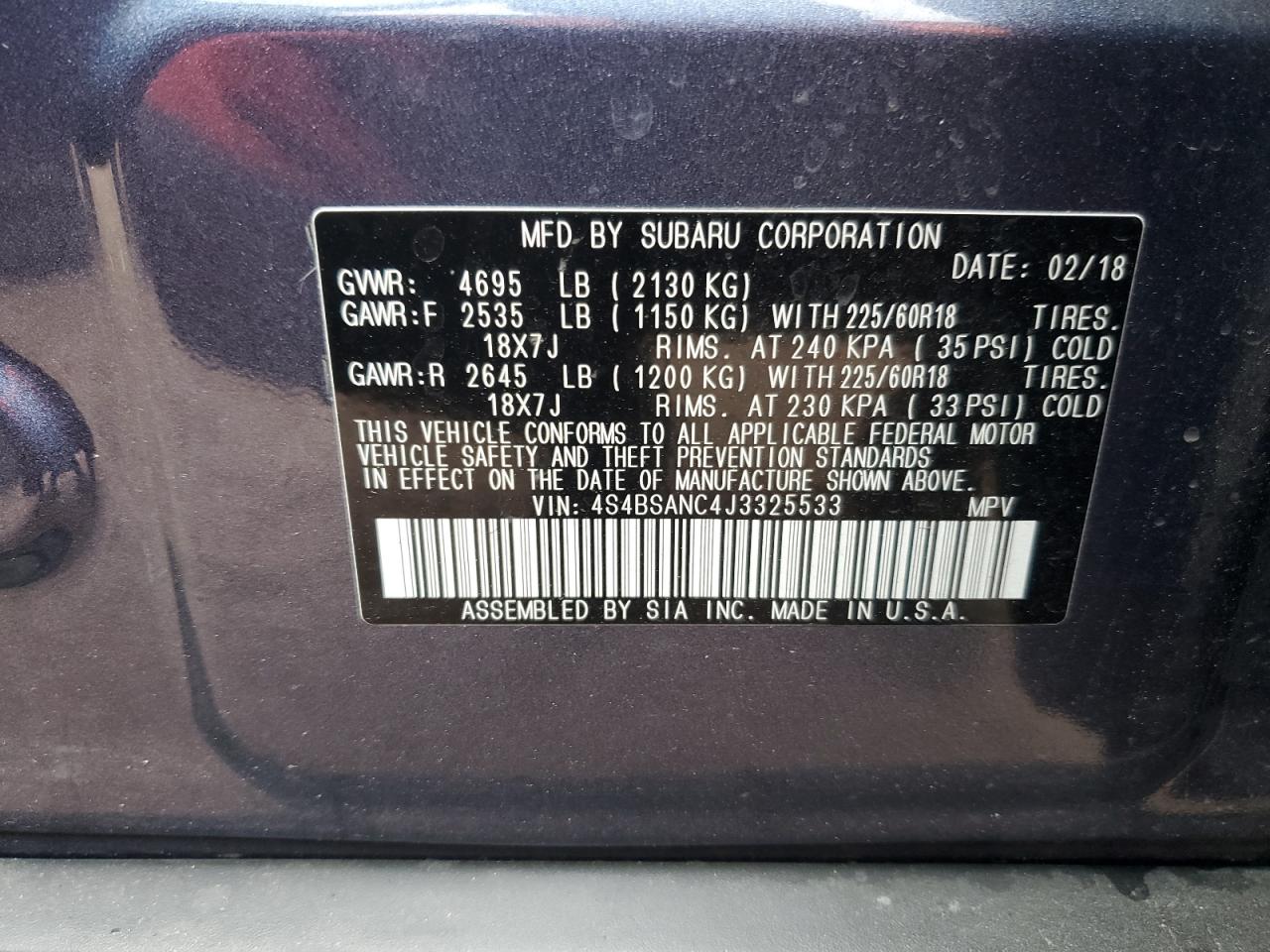 2018 Subaru Outback 2.5I Limited VIN: 4S4BSANC4J3325533 Lot: 71550635