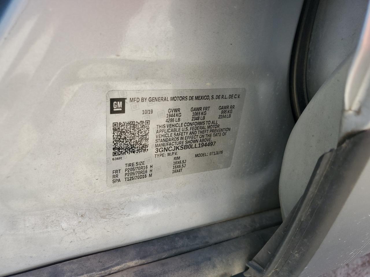 2020 Chevrolet Trax Ls VIN: 3GNCJKSB0LL194497 Lot: 80880715